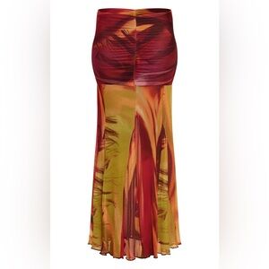 PRETTYLITTLETHING Orange Printed Mesh Overlay Maxi Skirt